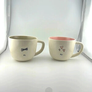 Rae Dunn 2pc lg tea/coffee mug cup MR. MRS. bowtie/hearts gray/pink wedding set